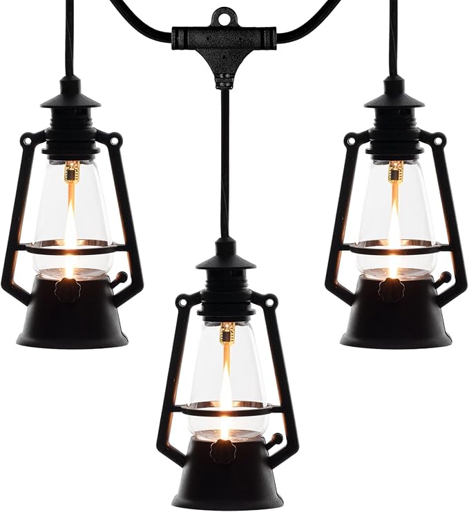 10 Light LED Flicker Flame Plastic Oil Lamp String Set, 20ft Black Wire – Indoor/Outdoor Vintage Flame Effect | Lumora