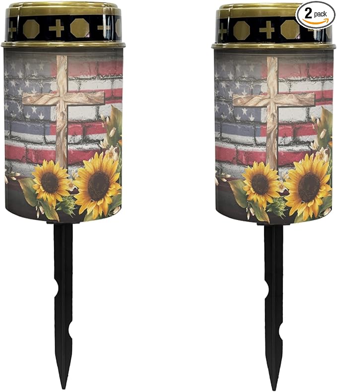 US Flag-Cross-Sunflower Solar Garden Lights Outdoor LED Lantern Pathway Stake Lights Solar Waterproof Solar-Powered Fairy Lights for Outside Landscape Lighting,Wall Light Auto On/Off