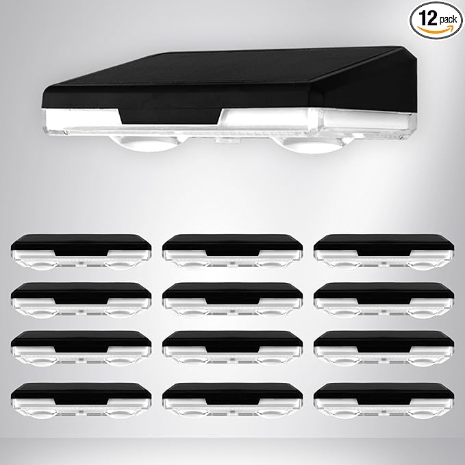 Solar Fence Lights Outdoor，12 Pack IP65 Waterproof Fence Lights Solar Powered with Ultra-Bright LED Lens，12+ Hours Steady Glow 9 Color Modes for Outside Patio Step Backyard Railing