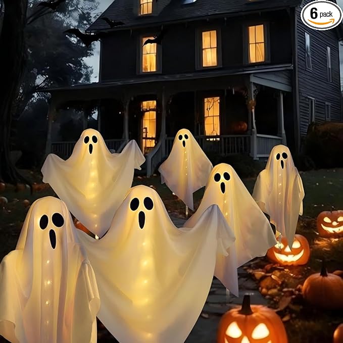 6-Pack Ghost Solar Halloween Decorations Outdoor, Waterproof Solar Halloweens Lights for Outside Decor, Halloween-Ghost Path Lights for Scary Party Yard Garden Lawn Holiday Decoration(Warm White)