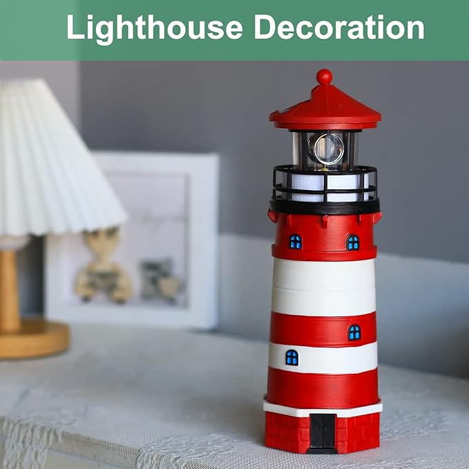 Lighthouse with Rotating Beacon LED Lights - Solar Lighthouse Lamp Outdoor Decorative for Garden Patio Lawn Gifts (Red1)