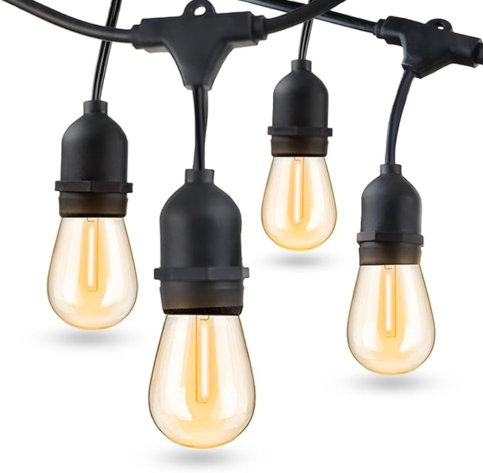 48FT LED Outdoor String Lights for Patio, 15 Shatterproof S14 Vintage Edison Bulbs (1 Spare), Waterproof Hanging Lights for Backyard, Porch, Garden, Bistro, Balcony Lights, Christmas Decor