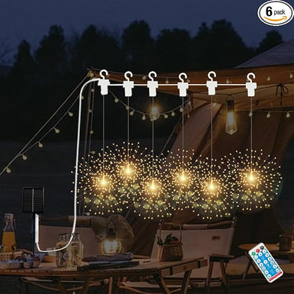 6 Pack LED Outdoor Solar Warm Light Gradient Fireworks Lights with Remote Control, Waterproof Solar&USB Powered Courtyard Atmosphere Decorative Lights,8 Modes DIY Path Light.