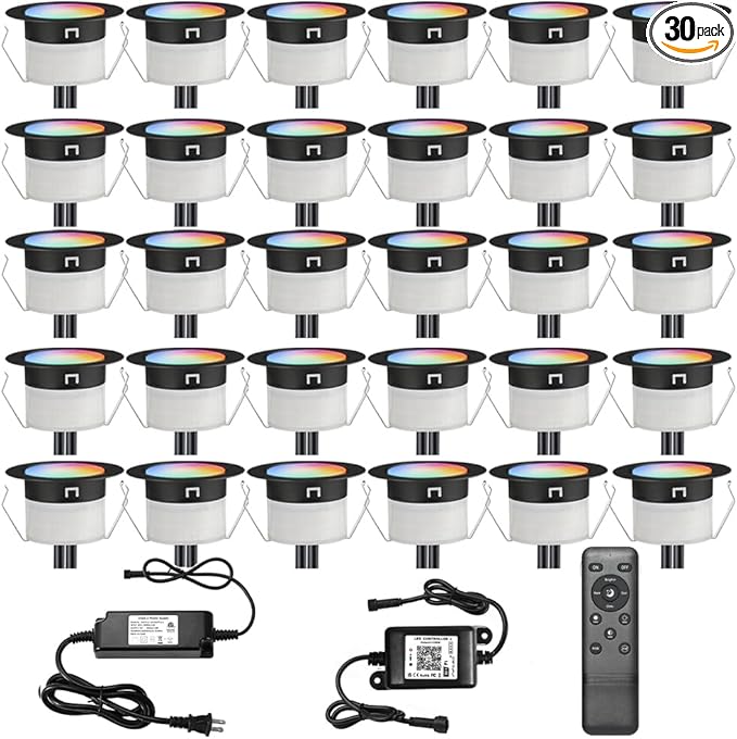 LED Deck Lights Kit, 30 Pack Φ1.22" Low Voltage WiFi Smart Recessed RGBW Deck Lighting with App/Voice Control, Waterproof IP67 In Ground Landscape Lighting for Outdoor Stairs Steps Floor Decor, Black