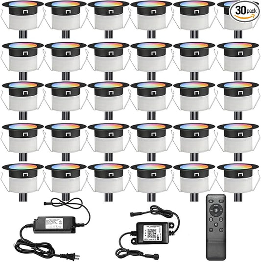 LED Deck Lights Kit, 30 Pack Φ1.22" Low Voltage WiFi Smart Recessed RGBW Deck Lighting with App/Voice Control, Waterproof IP67 In Ground Landscape Lighting for Outdoor Stairs Steps Floor Decor, Black