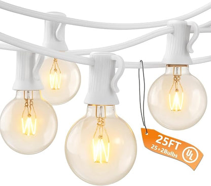 25FT G40 Outdoor String Lights with 27 Globe Clear Bulbs(2 Spare) Patio String Lights Outdoor Waterproof for Party Wedding Garden Commercial Decoration, 5 Watt Bulbs E12 Base- White Wire