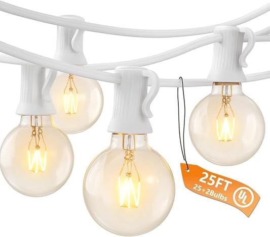 25FT G40 Outdoor String Lights with 27 Globe Clear Bulbs(2 Spare) Patio String Lights Outdoor Waterproof for Party Wedding Garden Commercial Decoration, 5 Watt Bulbs E12 Base- White Wire
