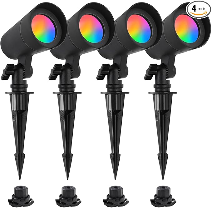 Energetic Colored Low Voltage Landscape Lights, 12W RGBW Spotlights, IP65 Waterproof Colorful Pathway Lights | Lumora