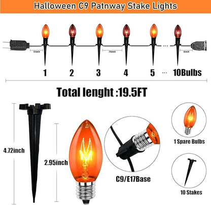 SUNSGNE C9 Orange and Black Halloween Pathway Lights Outdoor, Set of 10 Halloween Stake Lights, Connectable Pathway Markers Light for Walkway Party Driveway Lighting Decor