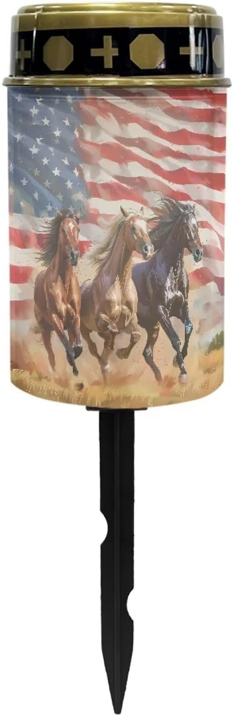 Poceacles Solar Candle Cemetery Solar Lights for Grave LED Garden Lights Solar Powered Solar Pathway Lights Outdoor Waterproof with Dusk to Dawn Sensor, Horse American Flag
