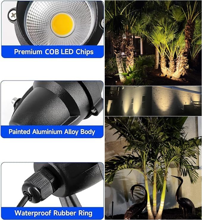 Warm White Spot Light for Yard, Outdoor Spotlights Metal Case Landscape Lights IP65 Waterproof Uplights with Spiked Stand for Garden Lawn Pathway Front Porch Bushes (4 Lights)