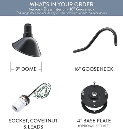 Steel Lighting Co. Venice Store Sign Light | for Outdoor Restaurant Accent Wall | 9 inch Dome | 16 inch Gooseneck | Made in America | Dark Bronze Exterior/White Interior