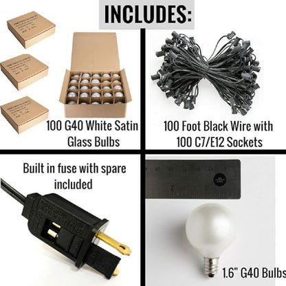 Hometown Evolution, Inc. White Pearl Outdoor Patio Globe String Lights (100 Foot G40 White Pearl 1.6 Inch Bulbs +5 Free Spares - Black Wire)