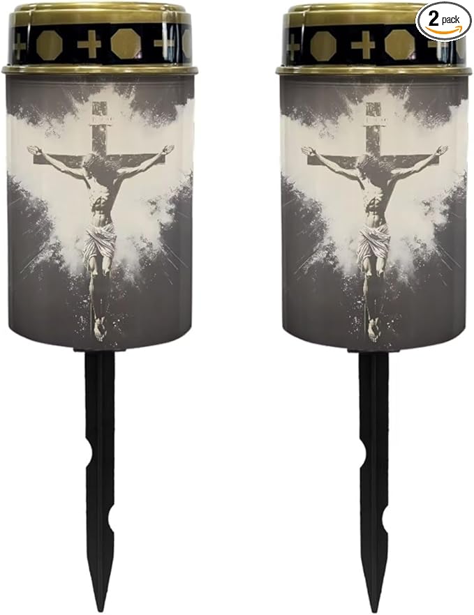 Poceacles Cross Solar Lights Set of 2 Outdoor Waterproof Cemetery Lights Solar Powered Grave Solar Lantern Outdoor Waterproof Walkway Lights for Lawn Garden Pathway, God Cross Black White