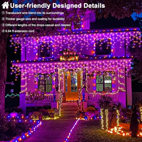 66ft Christmas Lights Outdoor, 640 LED Icicle Lights for Outside, Orange and Purple Twinkle Lights with Connectable Clear Wire 8 Modes Timer Waterproof for House Party Tree Holiday Yard Decorations