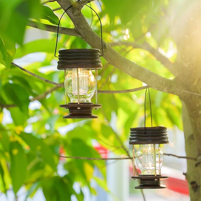 Hanging Solar Lights Outdoor - Solar Powered Waterproof Landscape Christmas Lanterns with Retro Design for Patio, Yard, Garden and Pathway Decoration (Warm Light) (2, 5.5'')