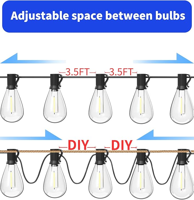 Luckystyle 200FT LED Outdoor String Lights With 60+2 Edison Shatterproof Waterproof Bulbs, 2700K Commercial Grade Patio Lights, Heavy Duty Outside Hanging for Garden Porch Deck Decor