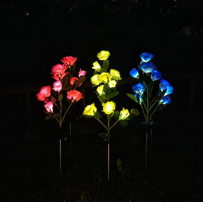 Decorman Solar Garden Rose Lights - 2 Pack Realistic Outdoor Flower Lights, Waterproof LED Stake Landscape Decorative for Garden, Lawn, Yard, Pathway, Patio, Backyard (Blue, 10 Roses)