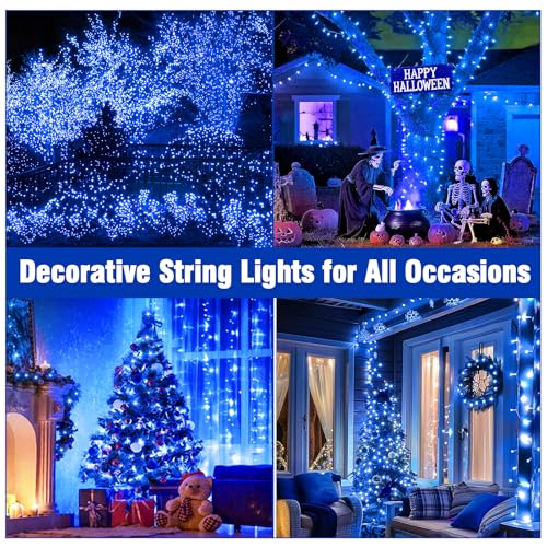 Nisocy 400FT Blue Christmas String Lights with Remote, Green Wire LED Mini Lights, 8 Modes, Timer, Plug-in Indoor Outdoor Lights for Large Trees, Fences, Yard, Halloween and Holiday Decor