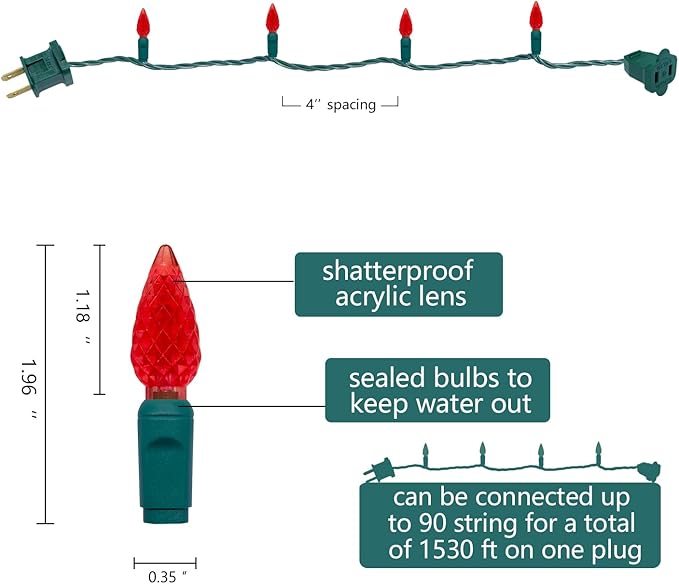 UL Listed 50 Count C6 Led Christmas Lights,Classic C6 Strawberry Christmas Light Bulbs,Outdoor Led String Lights for Garden Patio Trees Lighting Decoration,17 Feet Green Wire (Red)