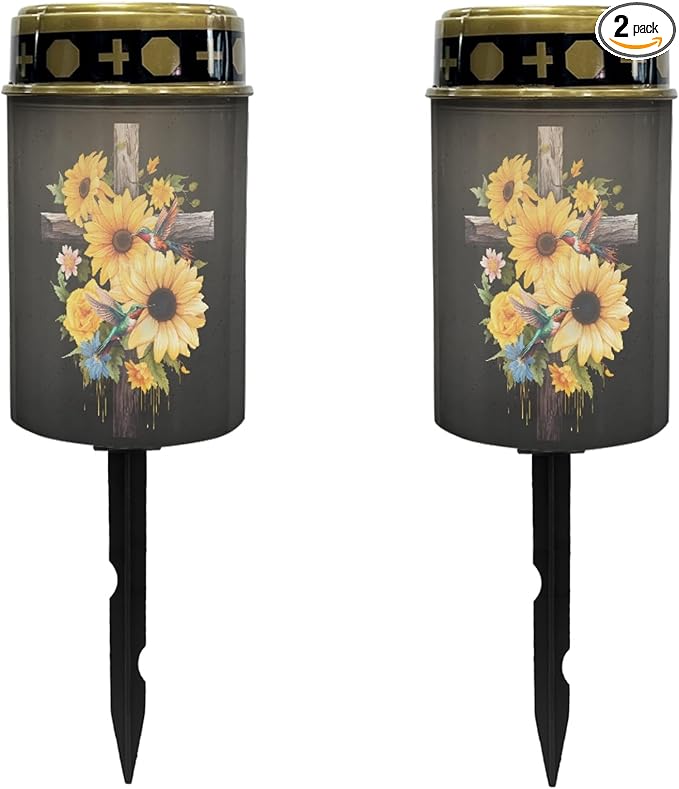 Cross-Sunflower Solar Lights Outdoor Garden Stake Lights Waterproof Cemetery Solar Lights for Grave Landscape Lighting Outdoor Table Lamp Flameless Lights Warm White LED Lantern