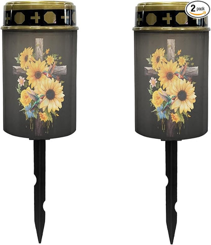 Cross-Sunflower Solar Lights Outdoor Garden Stake Lights Waterproof Cemetery Solar Lights for Grave Landscape Lighting Outdoor Table Lamp Flameless Lights Warm White LED Lantern