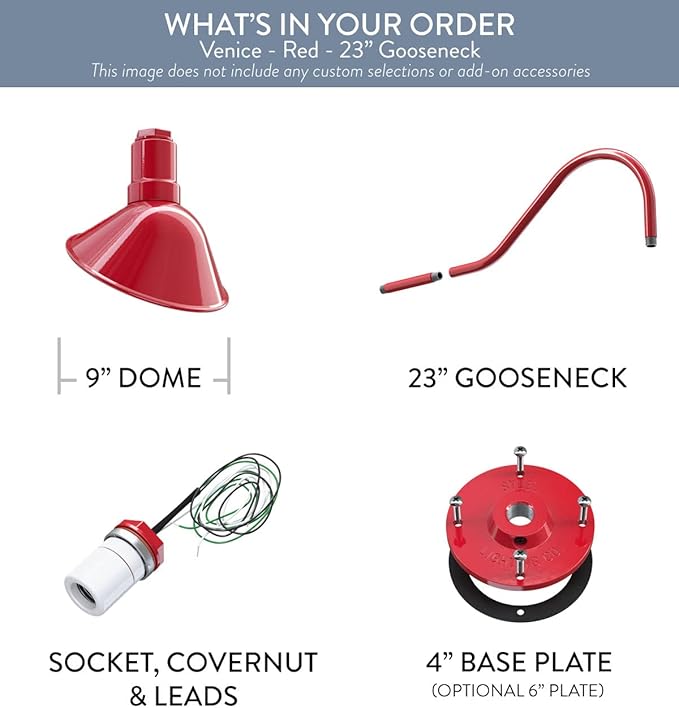 Steel Lighting Co. Venice Store Sign Light | for Outdoor Restaurant Accent Wall | 9 inch Dome | 23 inch Gooseneck | Made in America | Red Exterior/White Interior