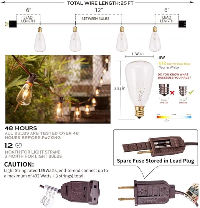 SUNSGNE 25FT Outdoor Edison Bulb String Lights with 27 Clear Edison Bulbs, ST35 Vintage String Lights for Patio | Lumora