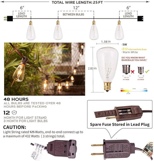 SUNSGNE 25FT Outdoor Edison Bulb String Lights with 27 Clear Edison Bulbs, ST35 Vintage String Lights for Patio, Garden, Backyard, Porch, Bistro Party Decoration, E12 Socket Base (Brown Wire)