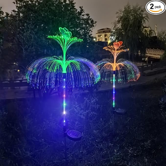 2 Packs of LED Solar Double-Layer Jellyfish Butterfly Lights, Seven Color Gradient Outdoor Courtyard Decoration, Wireless Dusk to Dawn Waterproof Garden Road Landscape Lights
