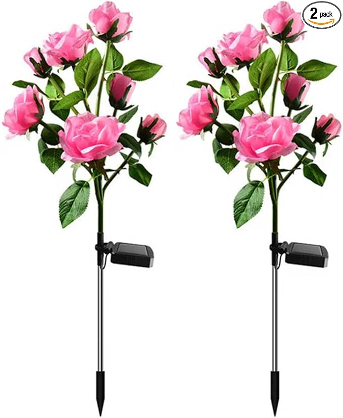 2 Pack Solar Garden Lights Outdoor, Waterproof 7-Rose Flower Lights for Yard, Solar Powered Outdoor Lights, Stake Lights for Patio Pathway Lawn Fence(Pink, 27")