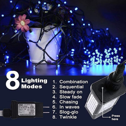 Chritsmas Decoration Outdoor String Lights - 25m/82ft 220 LEDs 8 Modes Memory Function End-to-End Extendable Plug in Waterproof Fairy Lights for Thanksgiving Halloween Wedding Patio Decor - Blue