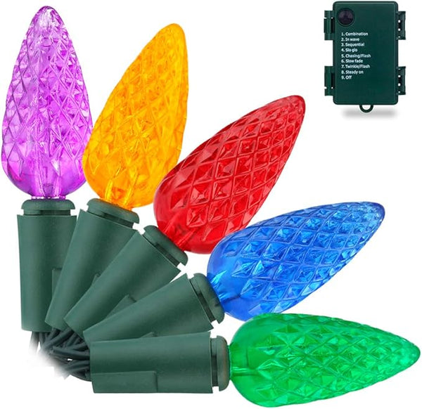 C6 Christmas String Lights with Built-in Timer - 50 LED 18ft Faceted Bulb Battery String - Decorative Outdoor Light | Lumora