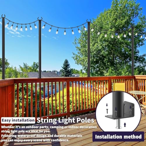 AHRLHR 6 Pack 5 Ft String Light Poles, String Light Poles for Outside with Fixing Clips,Metal Poles for Outdoor String Lights, Hanging Light Poles for Deck Fence Garden Backyard Wall Bistro