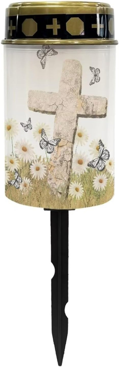 Butterfly Cross Decorations Solar Lights,Grave Solar Lights for Cemetery, Outdoor Waterproof Memorial Day Decorations Patriotic Lights for Garden Yard Pathway Grave