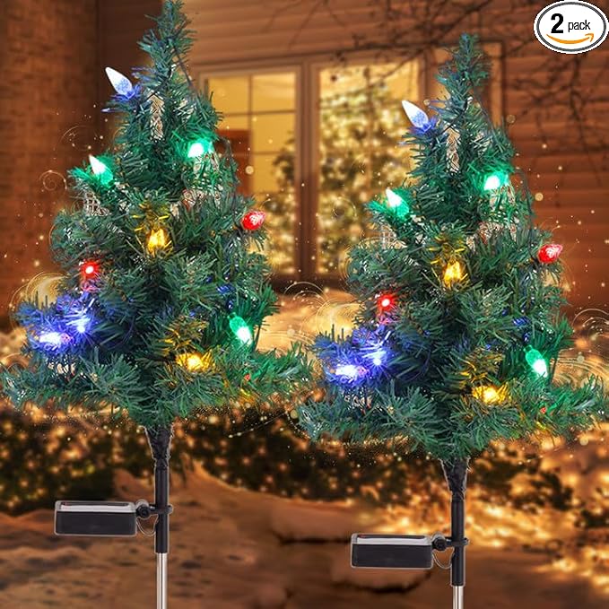 Solar Christmas Tree Lights Decorations - Outdoor Waterproof Xmas Pathway Stake with 20 Strawberry LED in 4 Colors for Garden/Patio/Lawn/Yard, Ornament 2 Packs