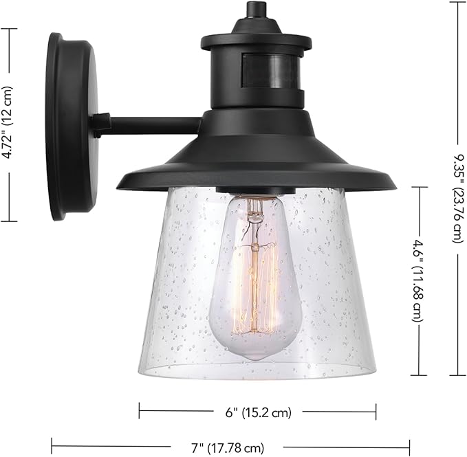 Globe Electric 32982 1-Light Motion Sensor Wall Sconce, Outdoor, Matte Black, Clear Seeded Glass Shade, 150 | Lumora
