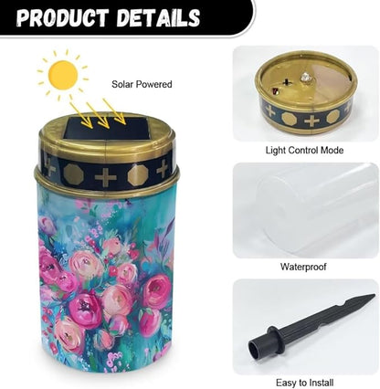 Kuiaobaty Rose Print Solar Pathway Lights Outdoor Solar Lights Outdoor Garden Stake Pathway Lights Solar Powered Decorative Solar Lights Outdoor Garden Path LED Solar Lights for Outside 2024