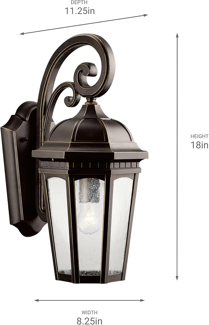 Kichler Courtyard 17.75" 1 Light Outdoor Wall Light with Clear Seeded Glass in Rubbed Bronze for Entry or Garage | Lumora