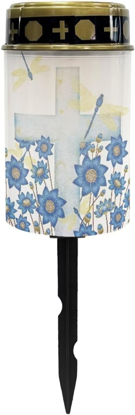 Cemetery Solar Lights for Grave,Cross Blue Flowers Solar Powered Garden Stake Lights, Multi-Color Decorative Lights for Cemetery Grave Outdoor Decoration Memorial
