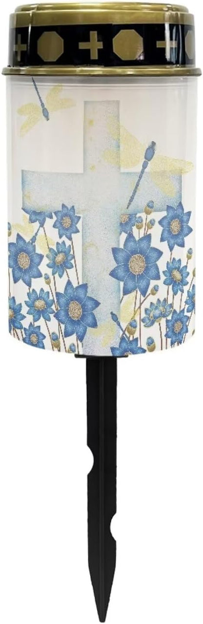 Cemetery Solar Lights for Grave,Cross Blue Flowers Solar Powered Garden Stake Lights, Multi-Color Decorative Lights for Cemetery Grave Outdoor Decoration Memorial