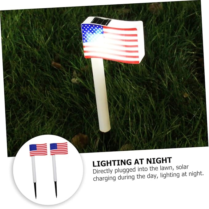 2pcs Solar LED American Flag Ground Plug Lights, Outdoor Solar Garden Path Lamps for Independence Day Lawn Decor Random Color