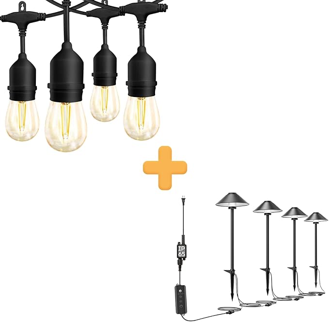 Banord 48FT Outdoor String Lights and 4 Pack LED Pathway Lights Bundle