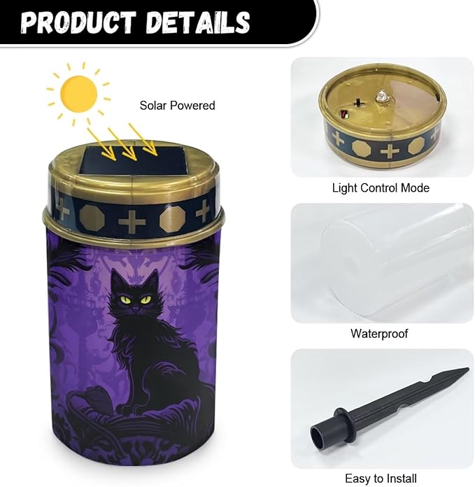 Black Cat Solar Halloween Lights for Cemeteries Halloween Solar Garden Lights Waterproof Study Night Lights for Holiday Decorations