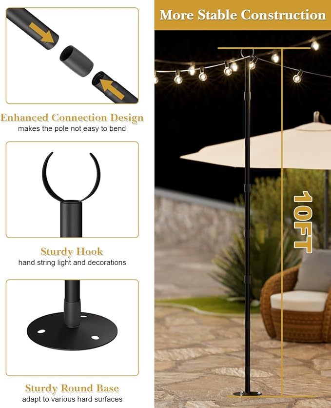 10Ft String Light Poles for Hard Surfaces, Outdoor Light Stand for Backyard, Garden & Patio Party Lighting | Lumora