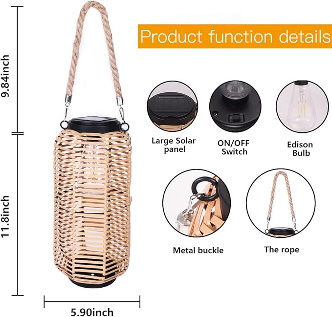 Livinlarge Solar Lantern Outdoor Hanging Lights, Rattan Lantern Waterproof with Twine Handle, Bright Solar Outdoor Lights with Edison Bulb for Garden Patio Yard Tabletop Decoration