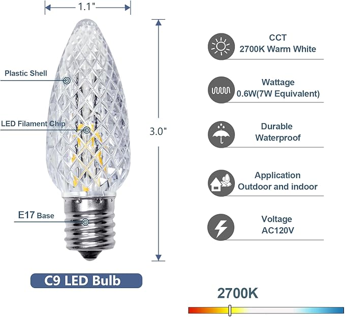 25FT C9 Christmas String Lights Outdoor, 25+1 LED Strawberry Christmas Lights on Connectable Green Wire, 2700K Warm | Lumora
