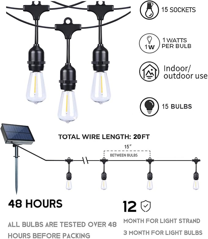 Afirst Solar Outdoor String Lights 24FT with 15 LED Bulbs 2700K Weatherproof Satterproof Patio Lights for Garden Backyard Umbrella Lighting