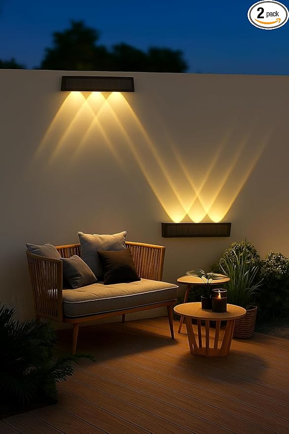Solar Fence Lights Outdoor Waterproof 2 Pack, Dusk to Dawn Up and Down Wall Sconce for House Deck Step Fence Porch Patio, Warm White LED Lighting for Outside Yard Garden, Easy Install