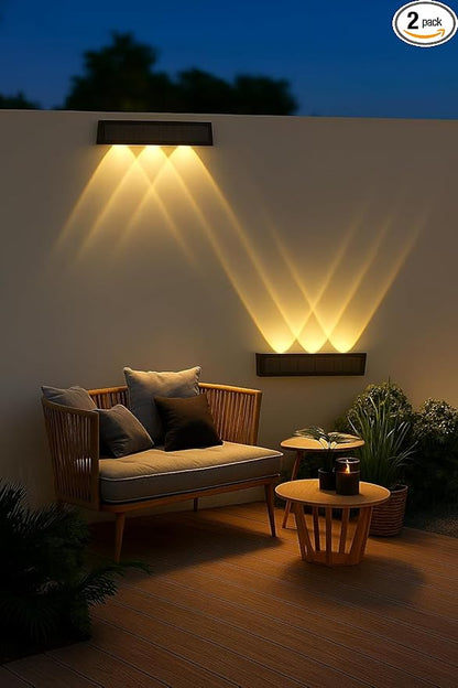 Solar Fence Lights Outdoor Waterproof 2 Pack, Dusk to Dawn Up and Down Wall Sconce for House Deck Step Fence Porch Patio, Warm White LED Lighting for Outside Yard Garden, Easy Install